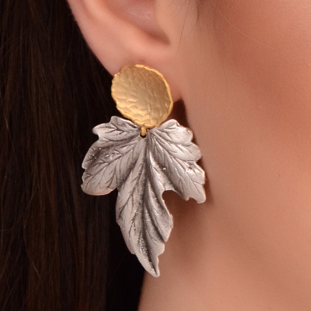 18K Gold and Silver Plated Leaf Drop Earrings